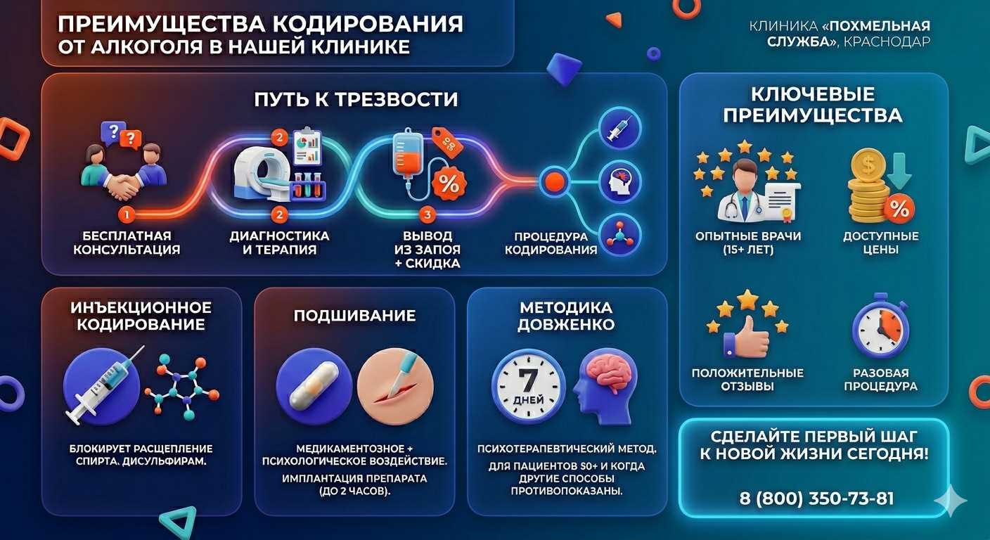 Инфографика о методах кодирования от алкоголя в Заволжье: инъекции, подшивание, метод Довженко. Преимущества клиники и этапы лечения.